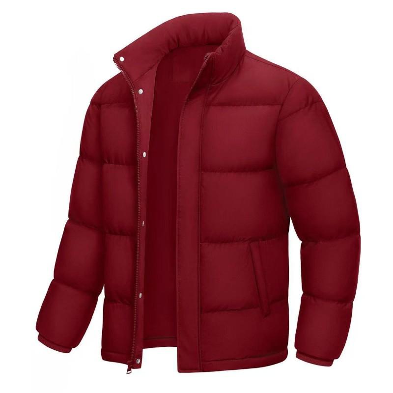 Mens Solid Thick Cotton Puffer Coat Winter Warm Casual Stand Collar Jacket