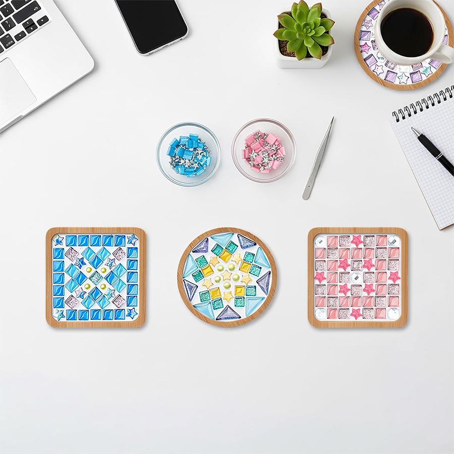 DIY Glass Mosaic Tile Kit - Mixed Colors Wooden Coaster Set for Adults, Craft Supplies for Home Decor & Gift Making
