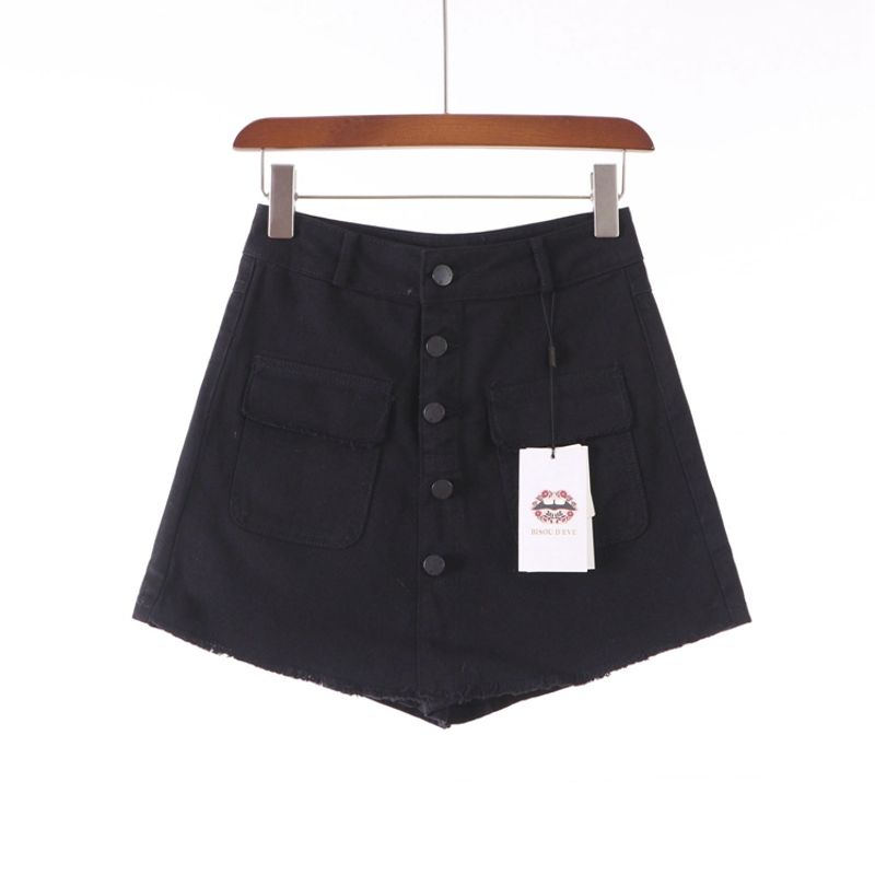 

[Dai] European, American and French Style Classy Pinshangtuan Female Summer High Waist Denim Skirted Leggings Pocket Casual Shorts 6e044 Black S/160/64A