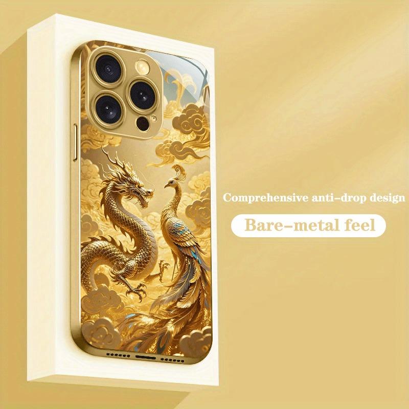 Golden Dragon Phoenix Print Gold Metallic Paint Glass Phone Case For iPhone 17 16 15 14 13 12 11 Pro Max Plus 17 Air 16E Cover