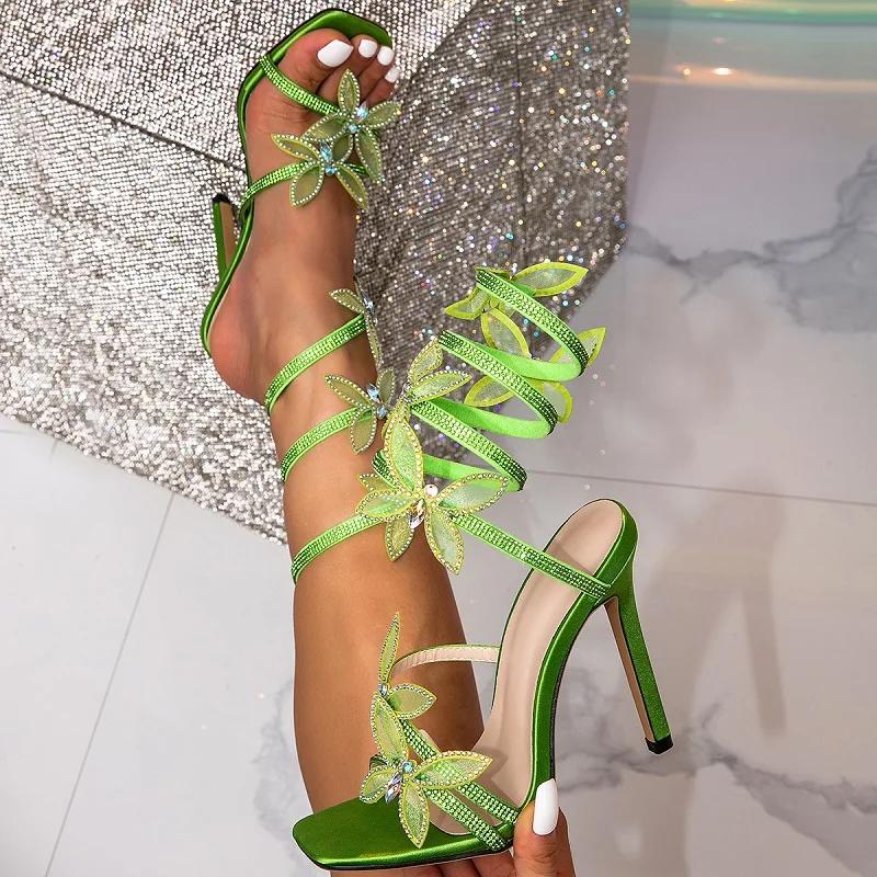 Fashion Sexy Peep Toe Crystal Butterfly-knot Ankle Strap Sandals Woman Stiletto High Heels Banquet Party Pumps Shoes