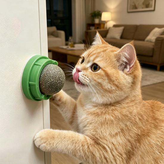 2Pcs Catnip Cat Lick Balls Rotating Catnip Ball Cat Toy Safe Healthy Kitten Chew Toy with Adhesive for Wall or Floor Cats Licking Chewing Play