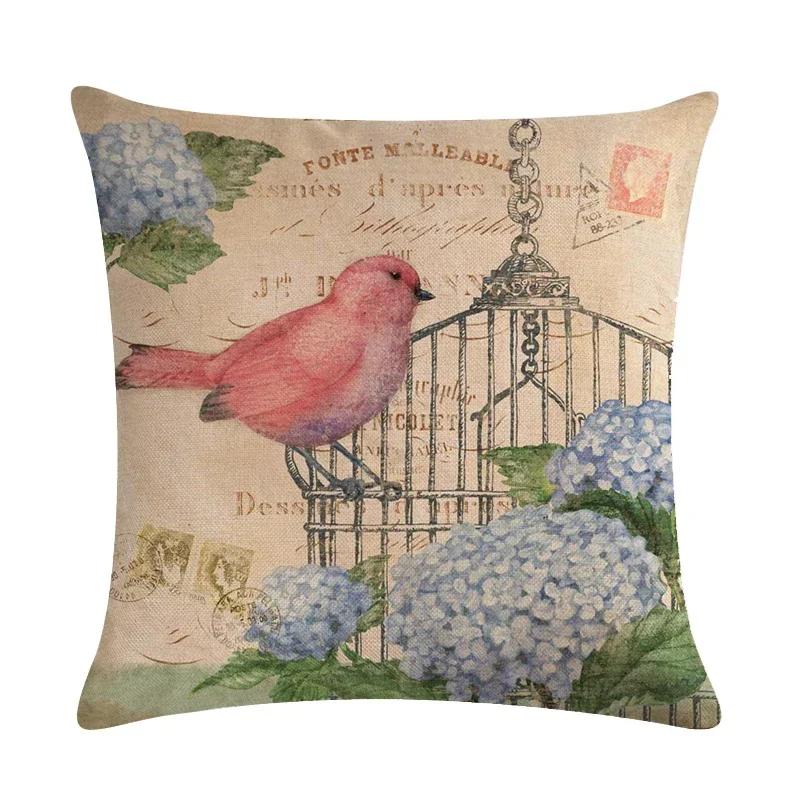 Lovely Flower And Bird Cushion Cover Retro Print Linen Pillowcase Decoration Living Room Bedroom Sofa Car 45*45Cm