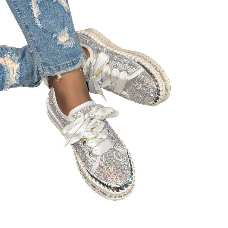 Large size shallow mouth summer new rhinestone flat bottom casual platform single shoes lace-up board shoes tide