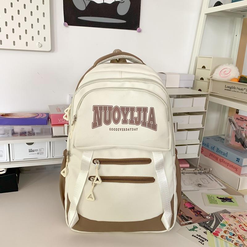 Women's Nylon Backpack Letter Large Capacity Student Schoolbag Color Block Backpack