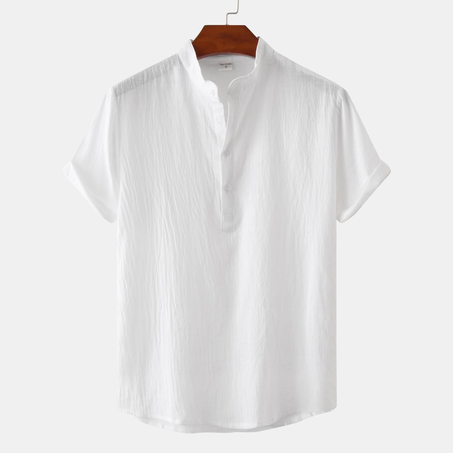 

Summer Men s Stand-Up Collar Casual Short Sleeve Shirt Beach T-Shirt Men s Clothing S белый