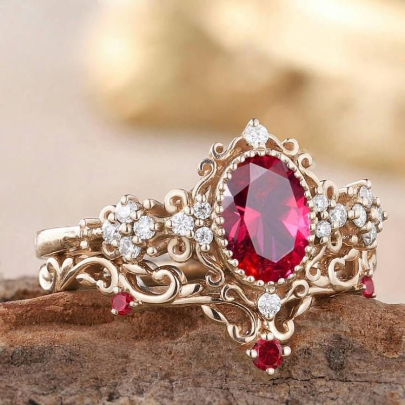 European and American new fashion court style lace shape red zircon inlaid light luxury personality women's ring