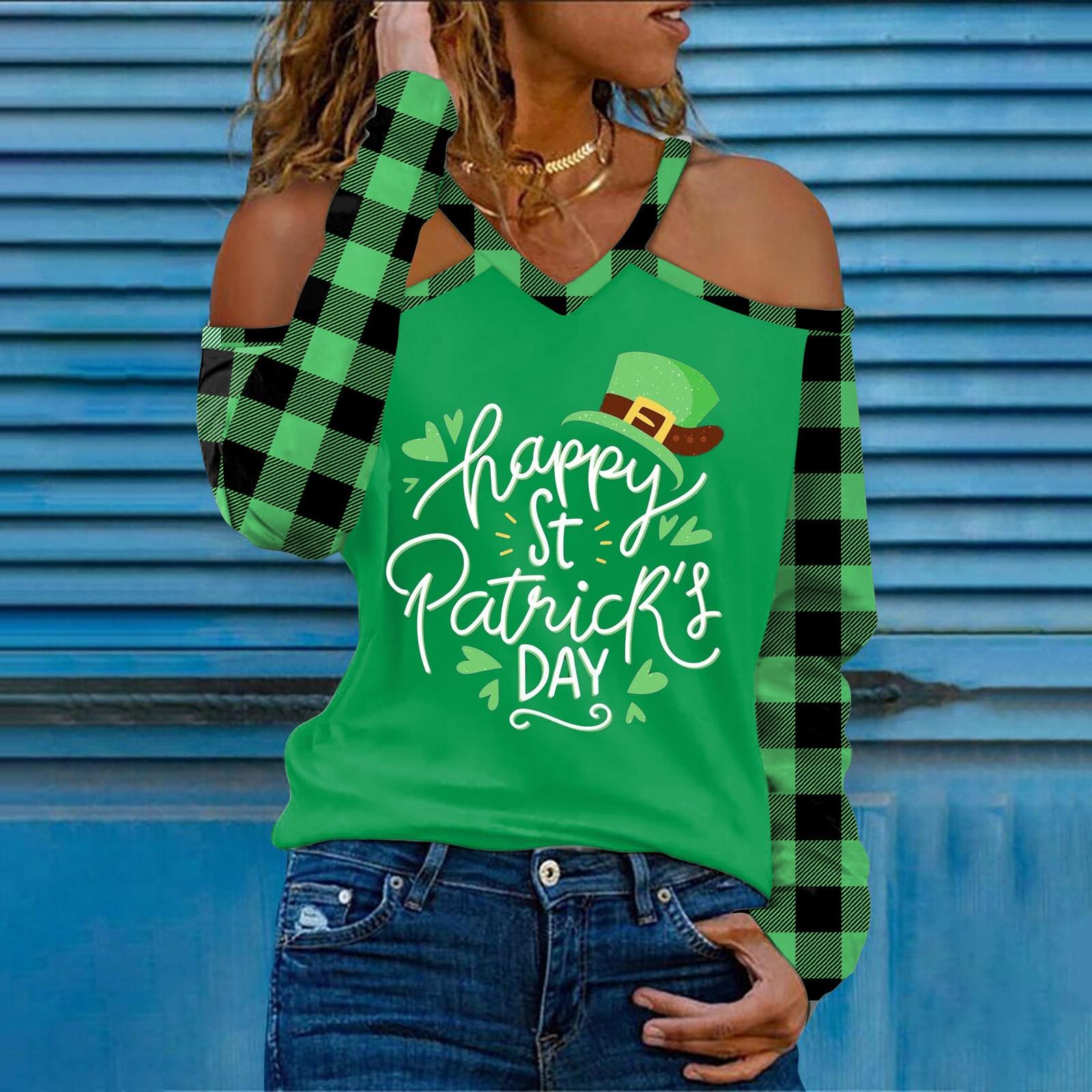 Women s Fashion Casual V-neck St. Patrick s Day Print Long-sleeved Off-the-shoulder T-shirt Top L зелёный