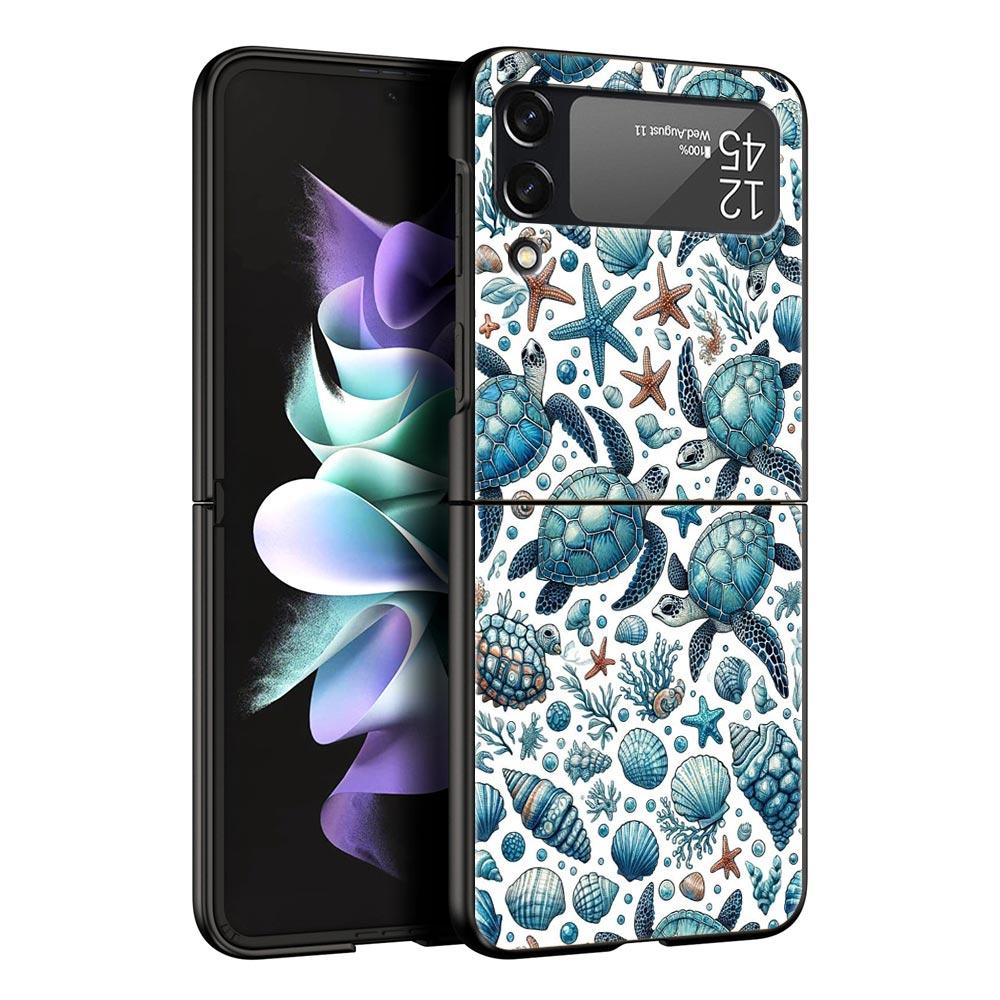 Ocean Coastal Seashell Seaweed Pattern Hard PC Phone Case For Samsung Galaxy Z Flip 7 6 5 4 Black Cover For Galaxy Z Flip3 Shell