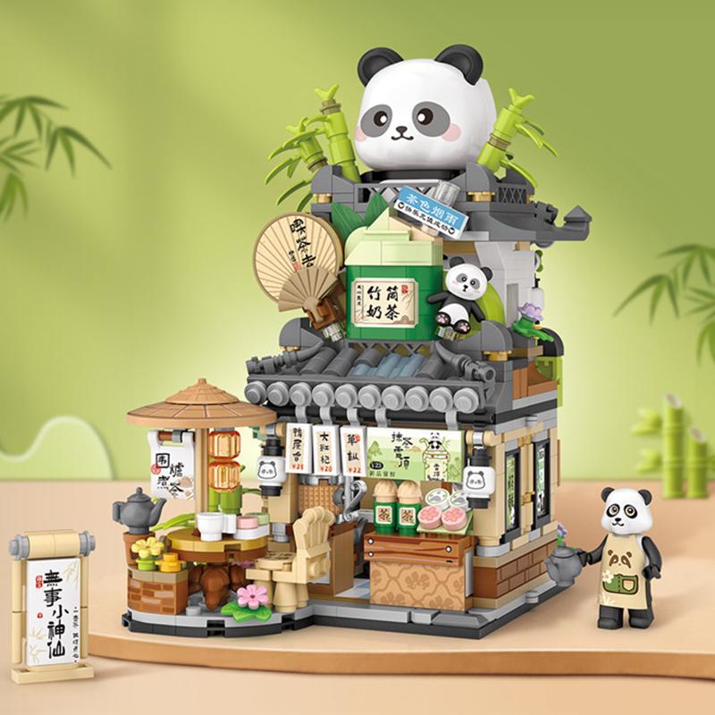 Interesting Toys Unisex Cute Panda Tea House Mini Building Blocks City Street View Folding Store Assembled Ornaments For Adults And Children Toy Gifts