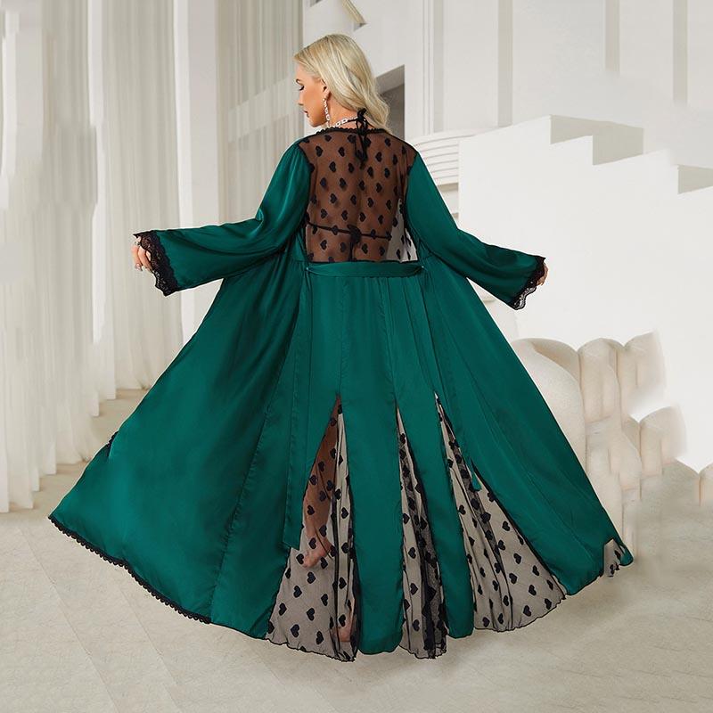 Halat Sexy de Damă Solid pentru Acasă Desire Mătase Satinată Halat Lung Dantelă Lenjerie de Noapte Rochie