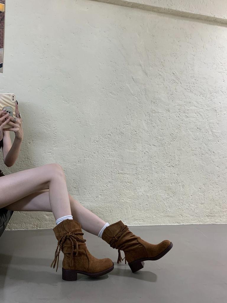 Grape mother of the same style, height increased by 5cm~ wasteland wind fringed braided belt thick heel pile medium and high boots women's Egyptian 