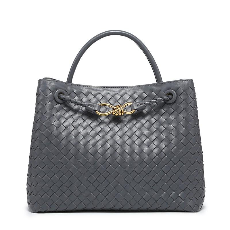 Woven PU Tote Bag With Metal Rope Buckle Large Capacity Shoulder Handbag Women Vintage Style Daily Use