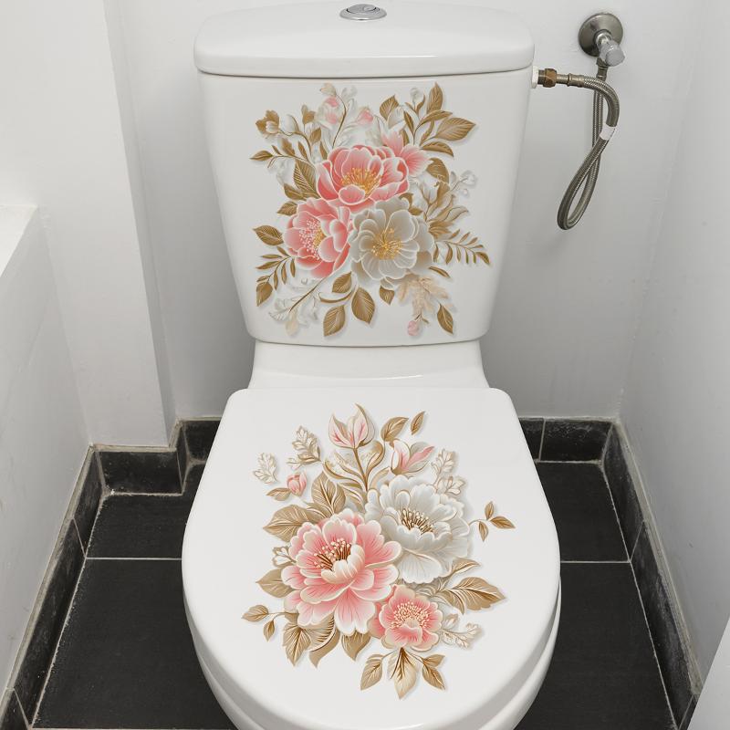 Flower Pattern Toilet Stickers Bathroom Decoration Stickers Decor Self-adhesive Wallpaper Removable PVC Waterproof Sticker