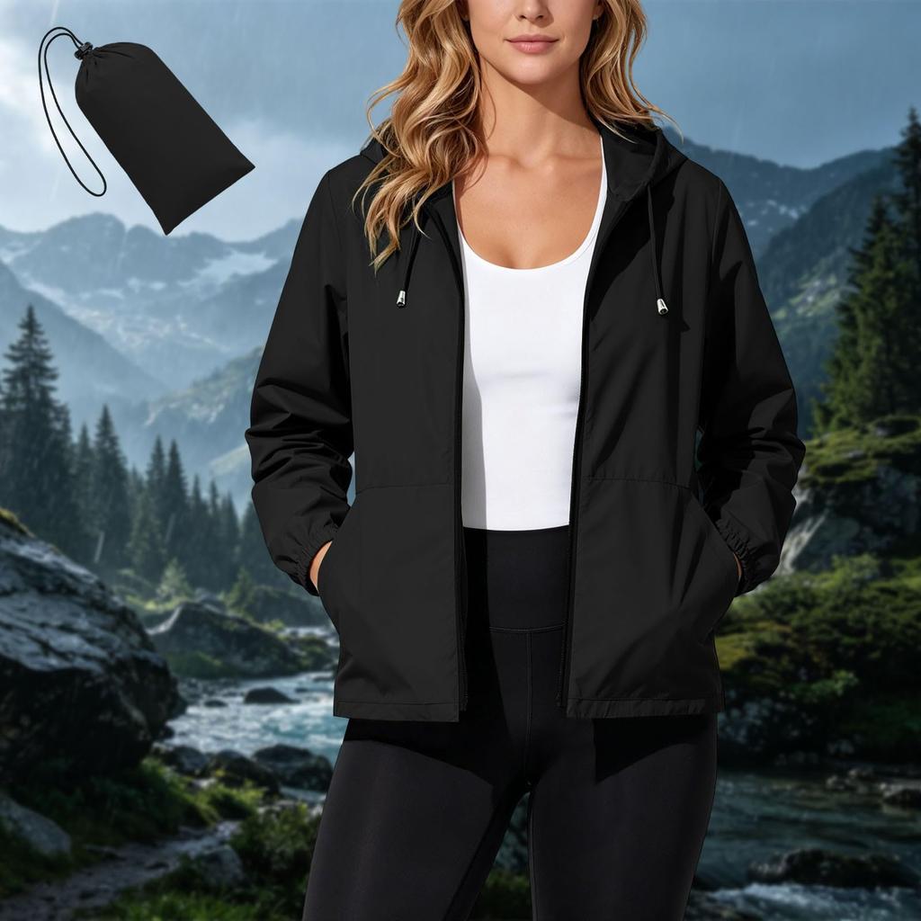 Women's Waterproof Windproof Hooded Jacket Lightweight Packable Outdoor Raincoat with Zipper Pockets and Adjustable Drawstring Hood