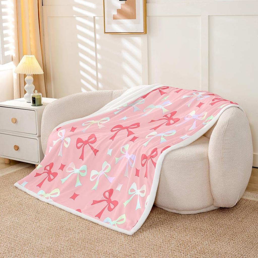 GUOYU Blanket Bow Sherpa Throw Blanket for Couch Bowknot Super Soft Cozy Fleece Dreamy Princess Style Blanket for Winter Plush Throw Pink Bow