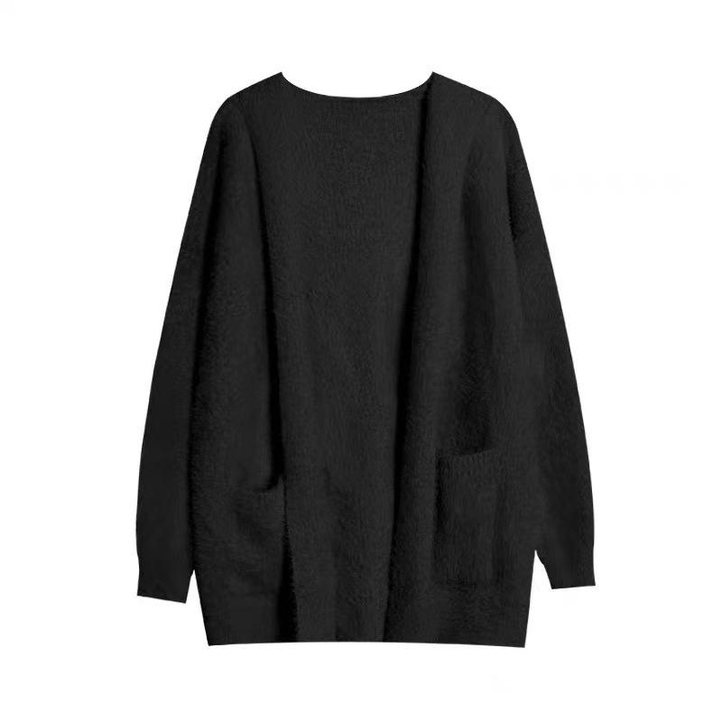 Milk fufu hooded imitation mink fleece sweater jacket women's autumn and winter medium and long loose lazy wind knitted cardigan women