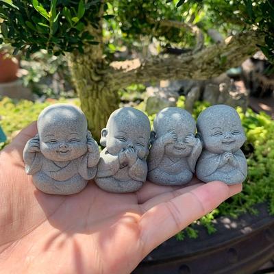 Kamenná socha Buddhy, malí buddhističtí mniši, tibetský buddhismus, figurky, zenová zahrada, meditace, domácí akvárium, dekorace