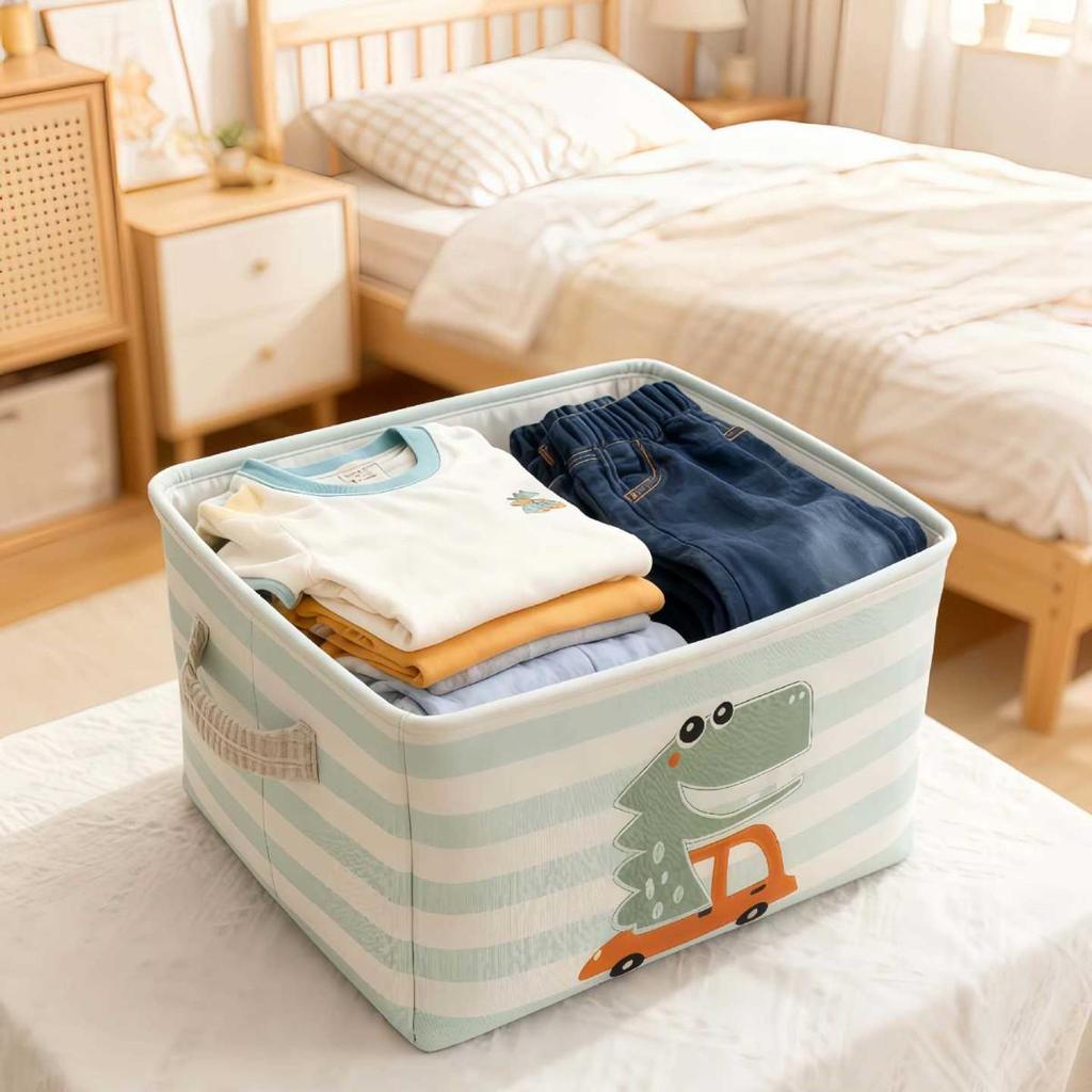 Cartoon Embroidered Fabric Toy Organizer & Laundry Basket