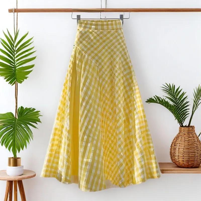 Юбка весна-лето Дофаминовый желтый Талия Клетка Дизайн Длинная юбка для женщин XS жёлтый