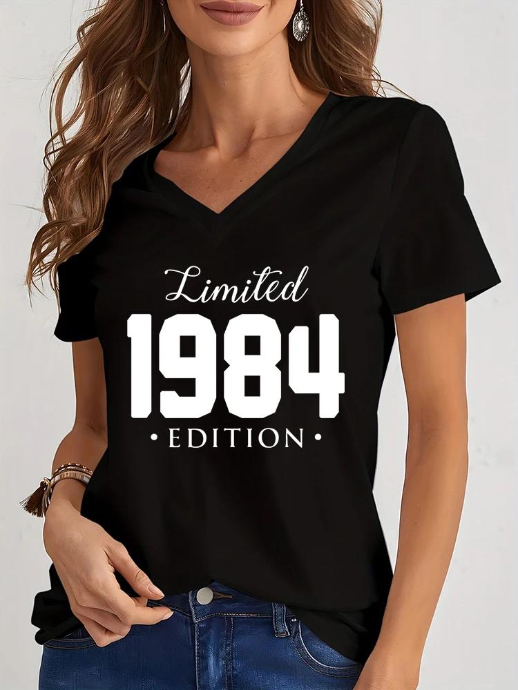 Women V Neck Tshirt Limited 19841985 Edition Graphic Tee Shirt Womens Birthday Y2k Top Funny Vintage Women Oversized T Shirt