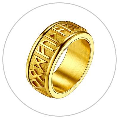 U7 Stainless Steel Norse Runes Spinner Ring for Man Black Gold Color Rotatable Band Fidget Anxiety Release Unisex Jewelry