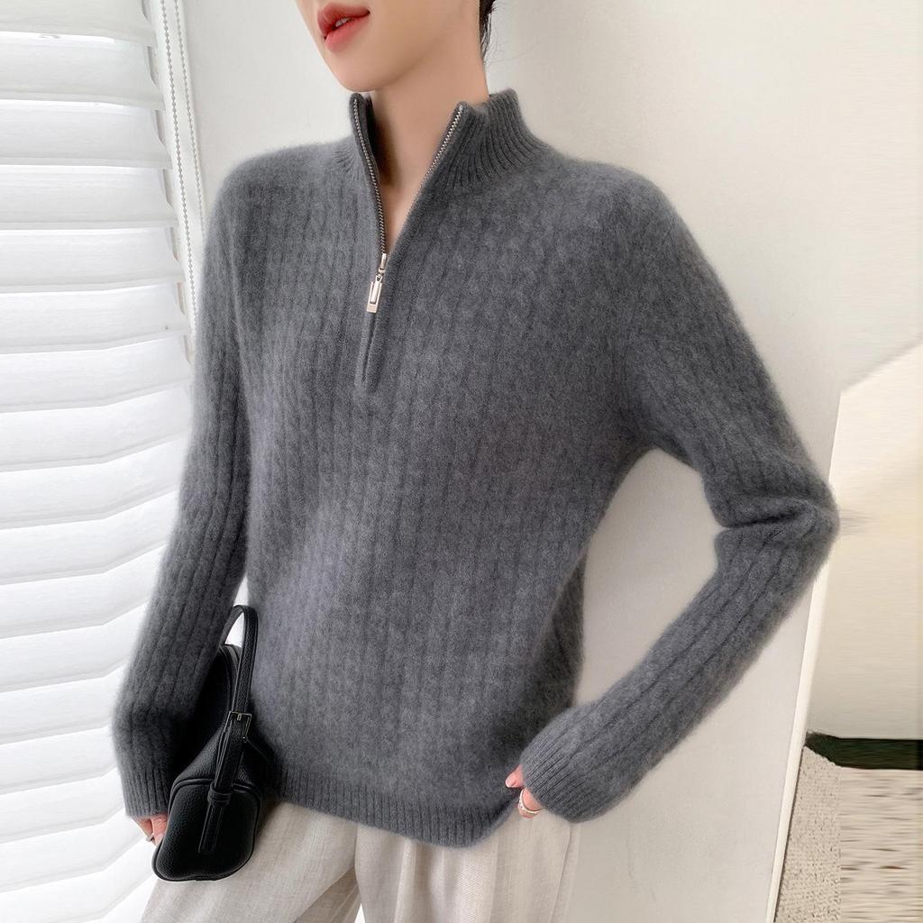 Women's 100% Wool Cable Knit Sweater: Autumn/Winter Seven-Stitch Thickened Half-High Collar with Half-Zip & Long Sleeves