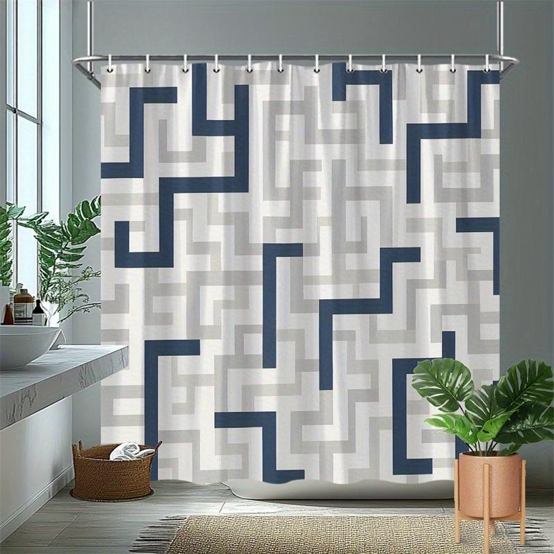 1Pc Blue-Grey Geometric Patterned Shower Curtain, Polyester Fabric, With Hooks, Machine Washable, Suitable For Bathroom Decor.