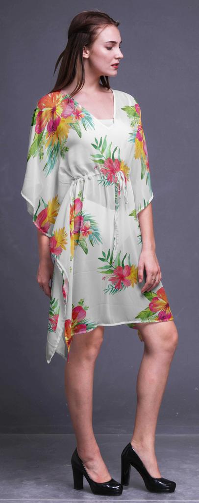 Bimba White2 Floral Tropical Leaves & Ladies Plus Size Kaftan Summer Wear Beach Coverup Kimono