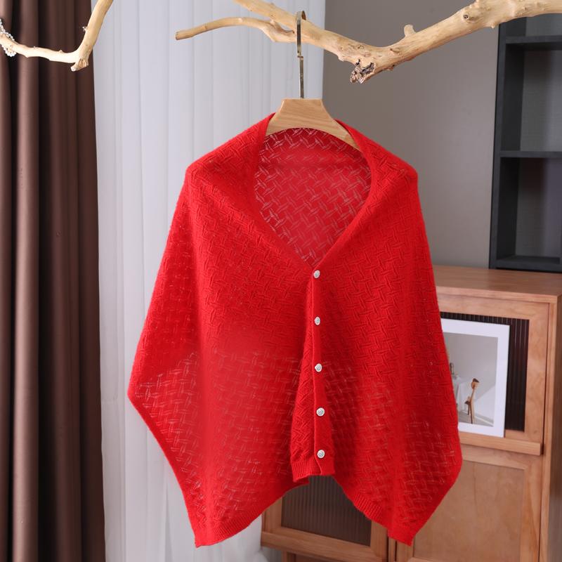 

Women100%Pure Wool Cape Shawl Hollowed-Out Thin Buckle Dual-Purpose Air-Conditioned Room Aututmn Winter Outdoor Warm Scarf Shawl червоний