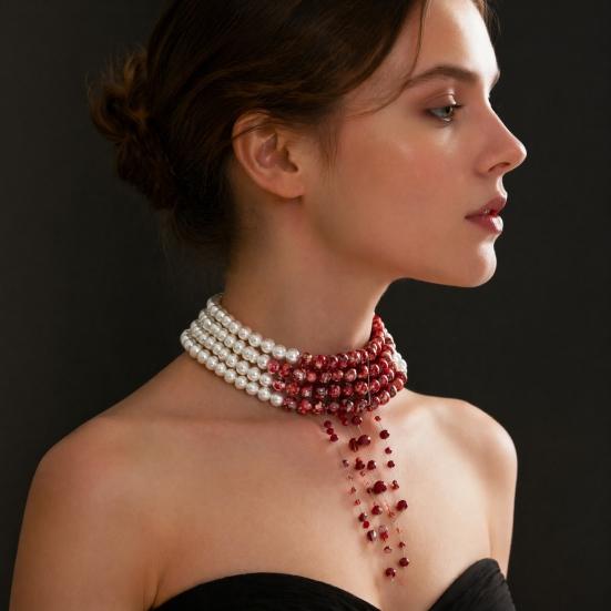 Rock Concert Outfit Accessories Gothic Blood Drop Choker, Layered Faux Pearl Necklace, Red Tassel Vintage Style Beaded Choker Earrrings, Punk Vampire