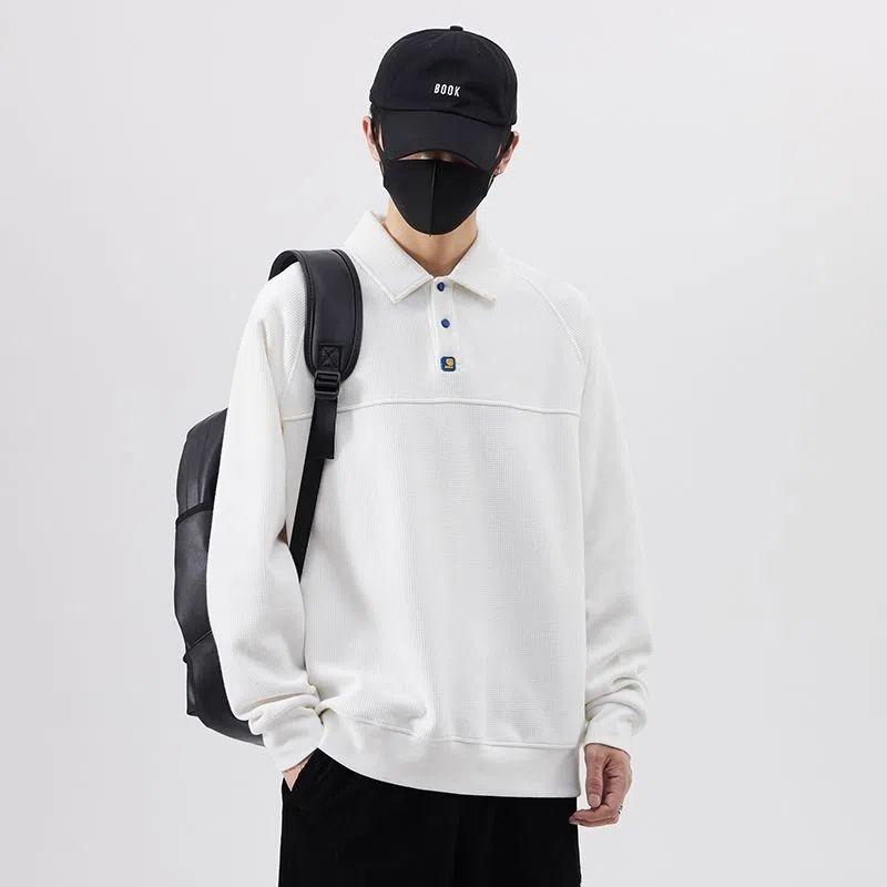 Men's Sweater Pullover Spring and Autumn Lapel Korean Fashion Polo Shirt Loose Long Sleeve Coat Men