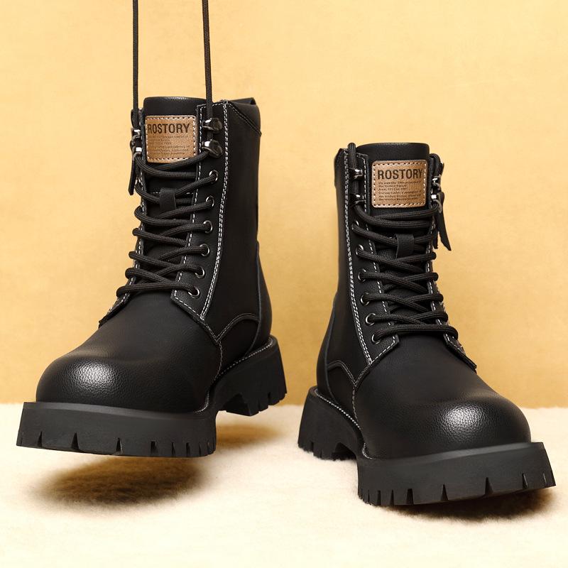 Winter Velvet Martin Boots Men's Thick-soled High-top American Retro Leather Boots Genuine Leather Tooling Zipper Warm Men's Shoes