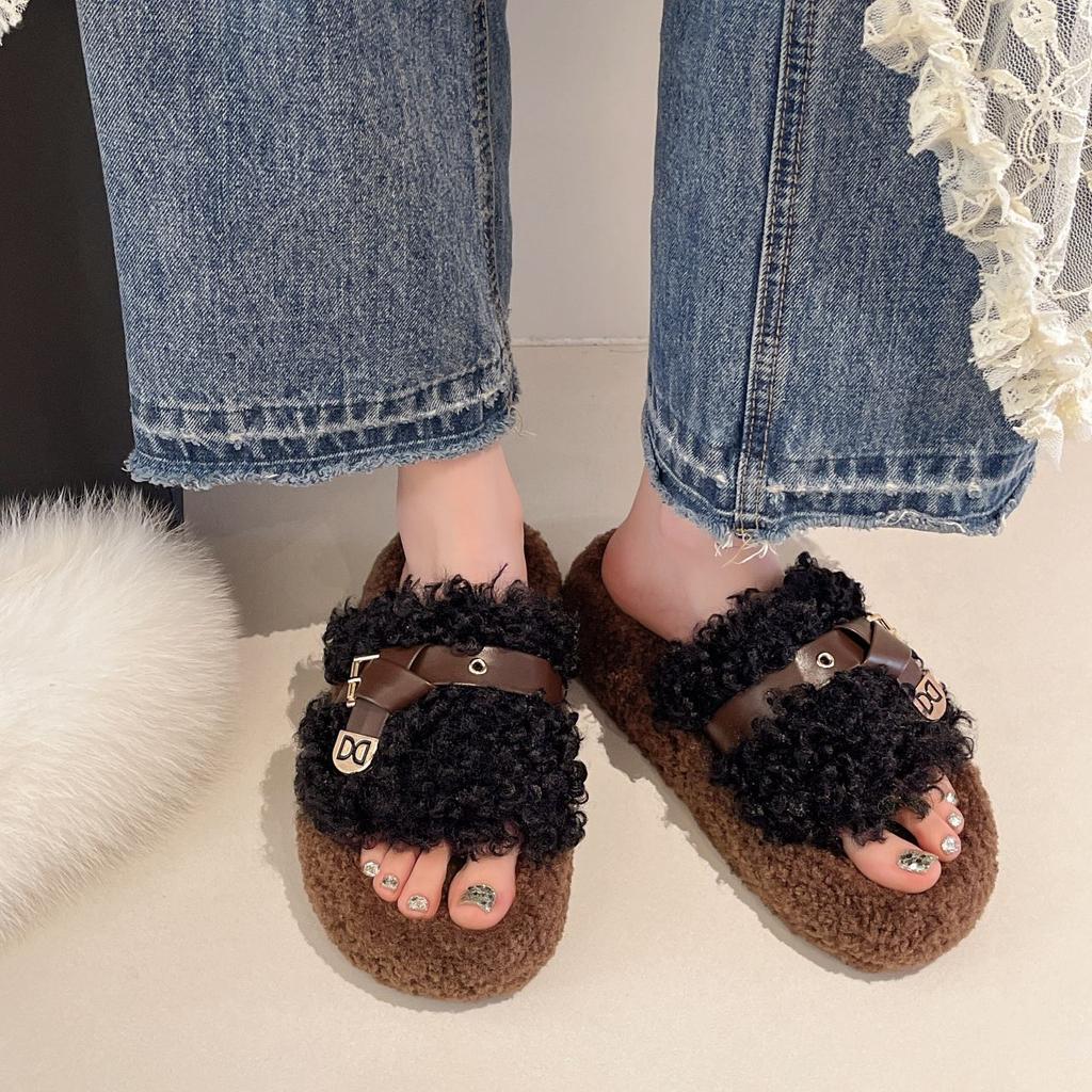 Plüschpantoffeln mit dicker Sohle für Damenbekleidung, neue Herbst- und Wintermode, Teddy-Rollen, flauschige Ein-Wort-Baumwollpantoffeln