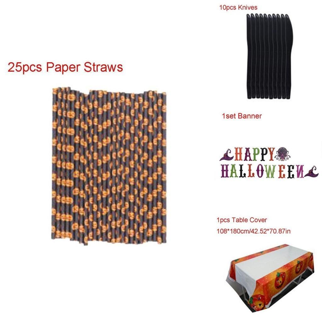 Halloween Party Decoration Supplies Including Pumpkin Tablecover And Straws**