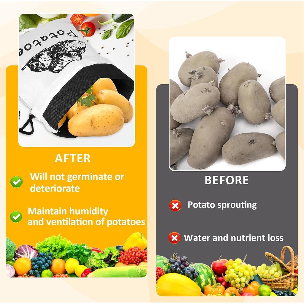 2 Pack Potato Onion Garlic Storage Bag 35x26cm Fabric Potatoes Onion Garlic Bag with Drawstring Closure, Washable Eco Friendly Cotton Food Storage