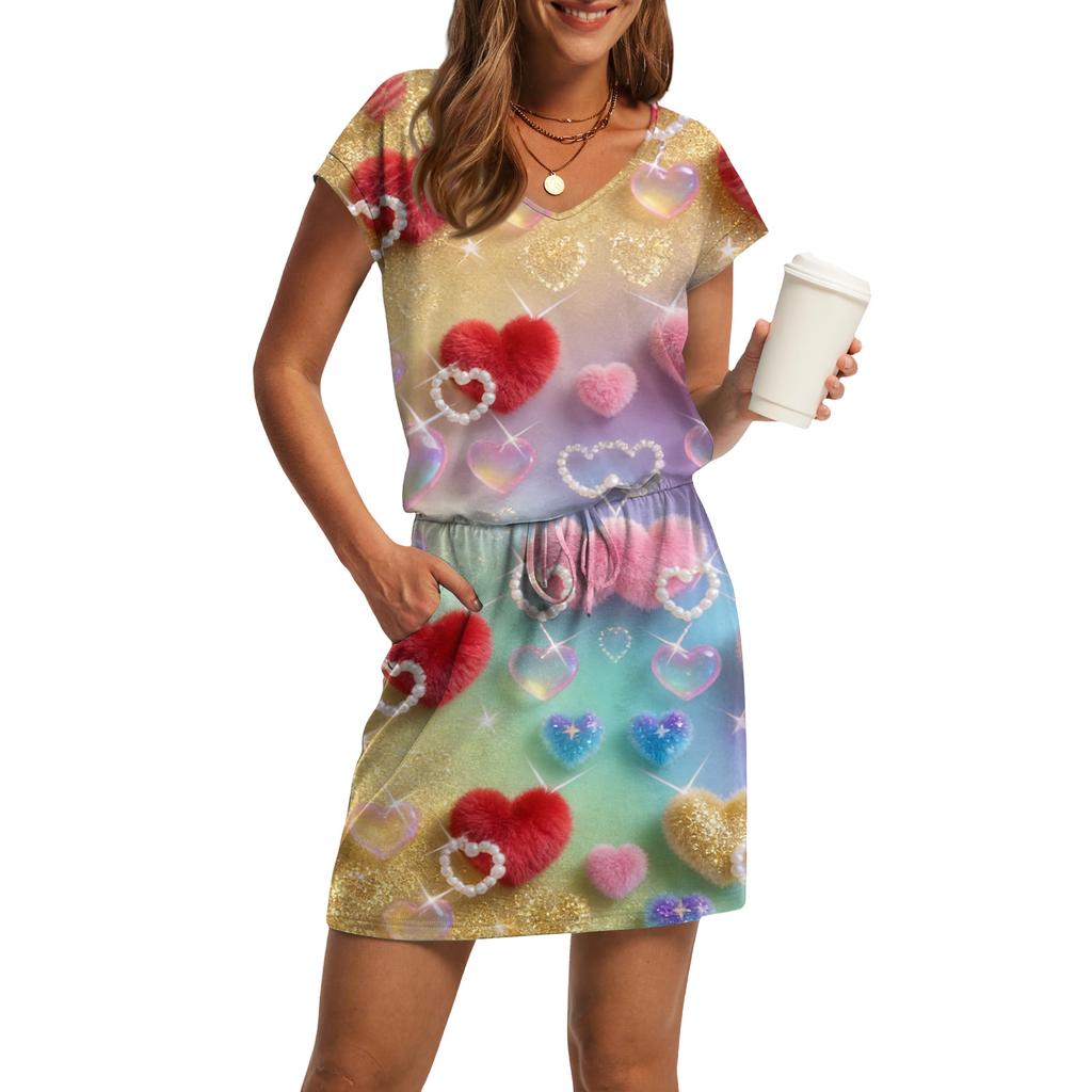 Vestito casual da donna con scollo a V, maniche corte, coulisse, tasca, stampa San Valentino