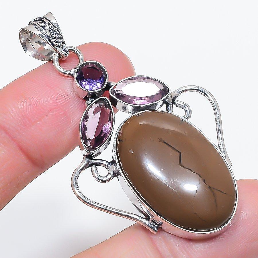 Natural Septerian Stone, Amethyst 925 Sterling Silver Jewelry Pendant 2.25" R2B74