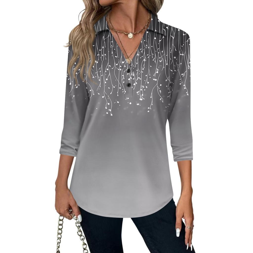 Women's Fashion Casual Lapel Short 3/4 Sleeve Print Shirt Women's V-Neck Button Tops