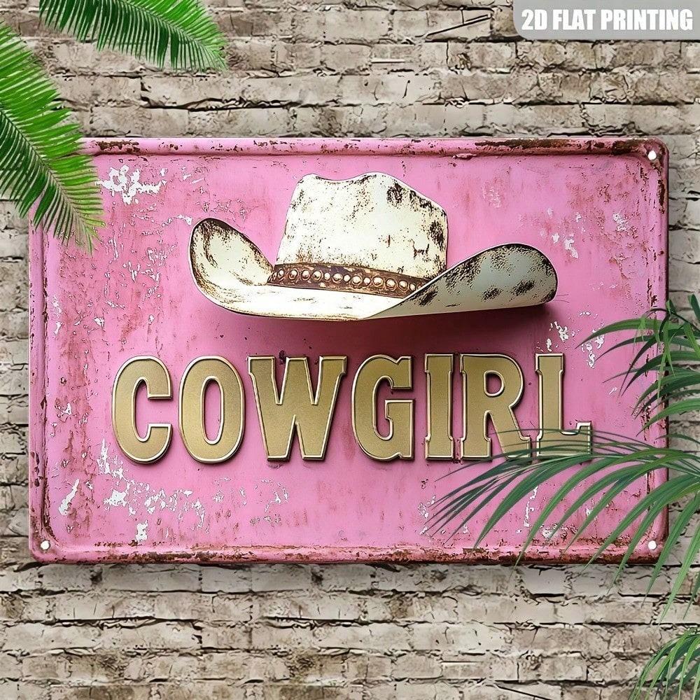 Rustic Pink Metal Cowboy Hat Wall Art, Vintage Western Cowgirl Sign for Farmhouse Bar Cafe Decor