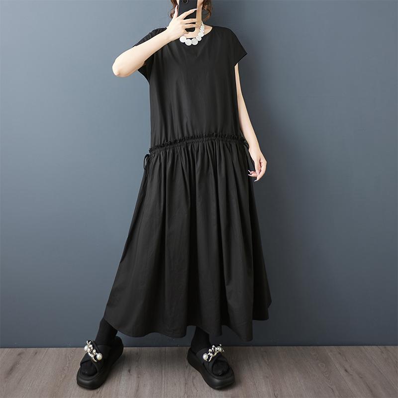 Dimanaf Plus Size Loose Dress Women 2025 Pleated New Summer Style Shirt O-Neck Black Dress
