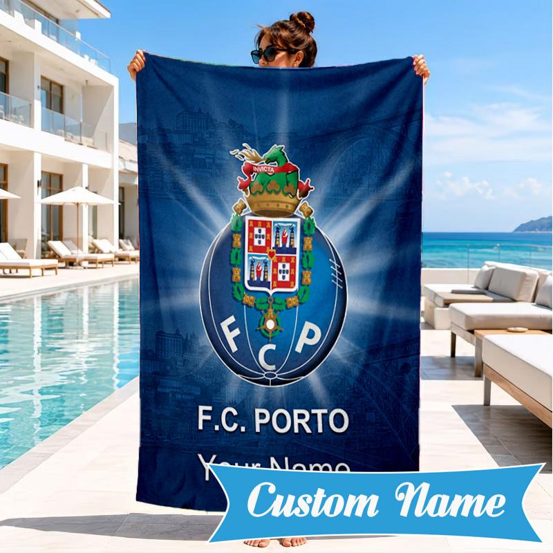 Custom Name Fc Porto Crest Design Personalized Microfiber Beach Towel, Quick-Dry, Ideal for Summer Travel, Beach Essential, Swimming