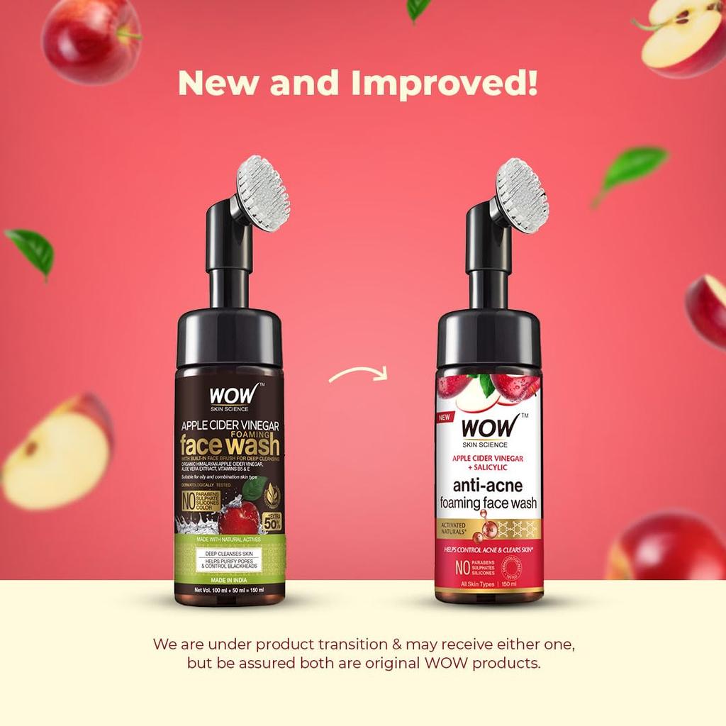 Wow Skin Science Apple Cider Vinegar Foaming Face Wash  150ML With Built In Brush Deep Cleansing Cleanser For All Skin Types