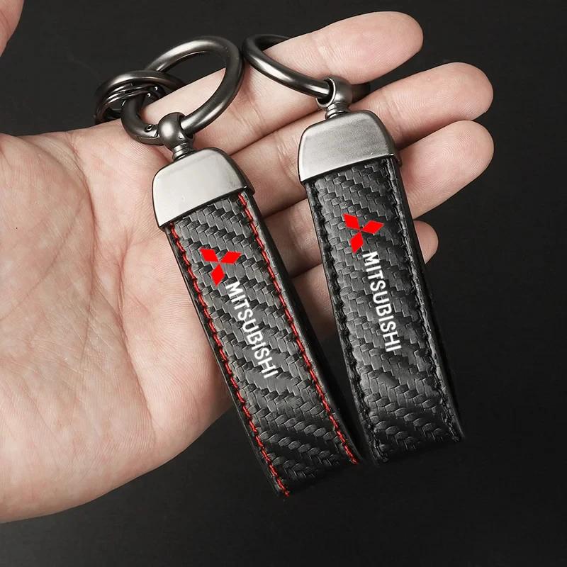 Car PU Leather Keychain Car Carbon Fiber Leather For Mitsubishi Outlander Lancer EVO  ASX Pajeros Car Accessories