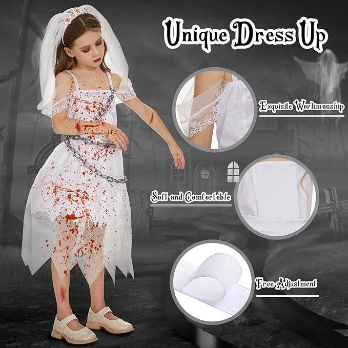 Costume Strega Fantasma Sposa di Halloween per Bambine con Pizzo Rete e Stampa per Festa Bambini