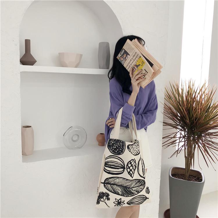 

Women Canvas Shoulder Bag Leaf Print Ladies Large Shopping Bags Eco Cotton Linen Cloth Big Handbag Cute Books Tote For Girls