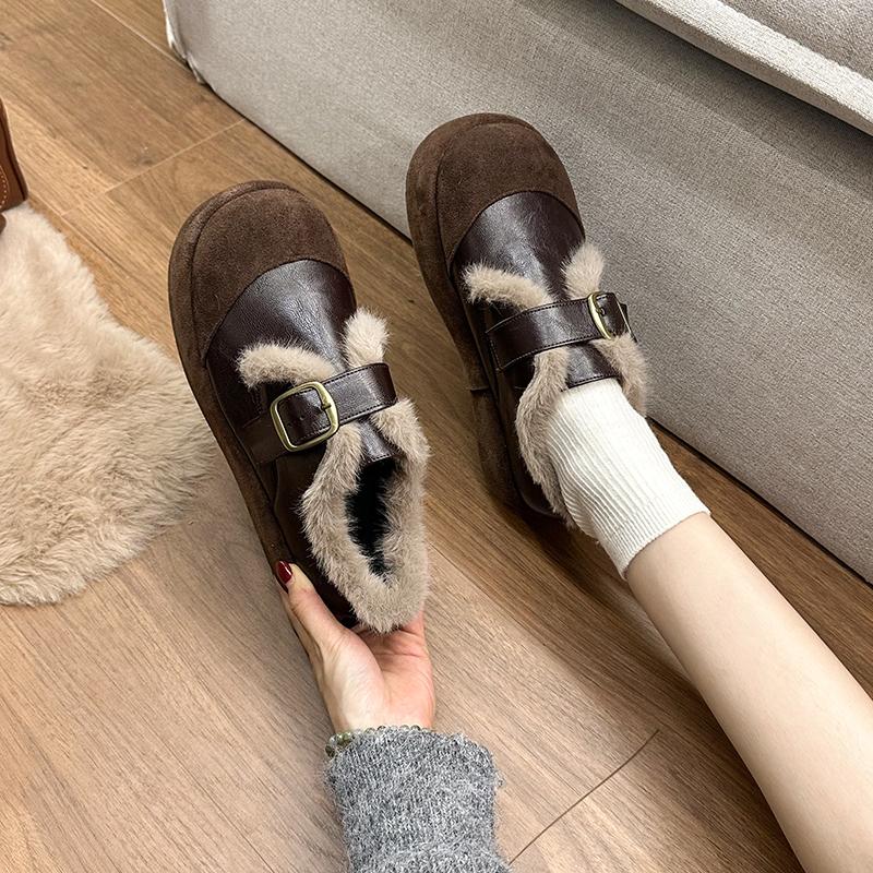 Neues Design Warme Baumwolle Damen Plateau Flats Mode Gürtelschnalle Partyschuhe Herbst Winter Damen Komfort Slipper Fellschuhe