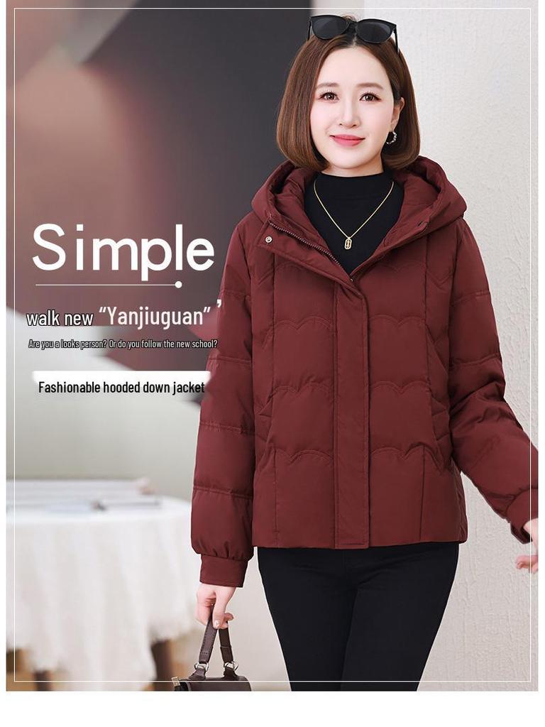 Damska 2024 Zimowa Krótka Kurtka Puchowa z Kapturem - Petite, Pogrubiona, Ciepła Kurtka z Puchu Białej Kaczki dla Matek w Średnim Wieku