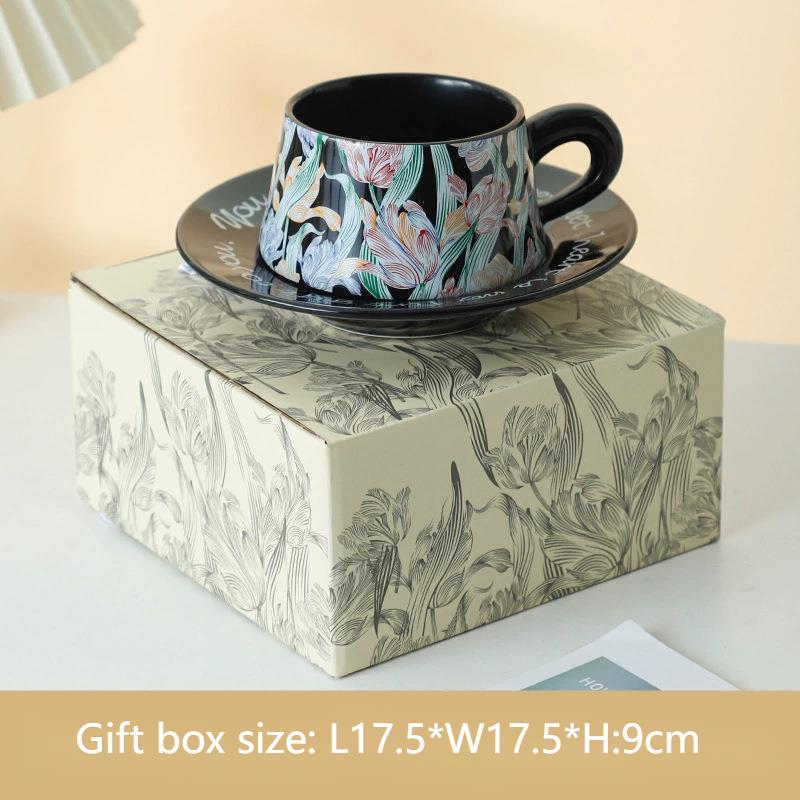 

Модная керамическая кружка в виде тюльпана, винтажная садовая кофейная чашка и блюдце, чайная кружка с цветами, набор домашней утвари для подарка about 260ml чёрный