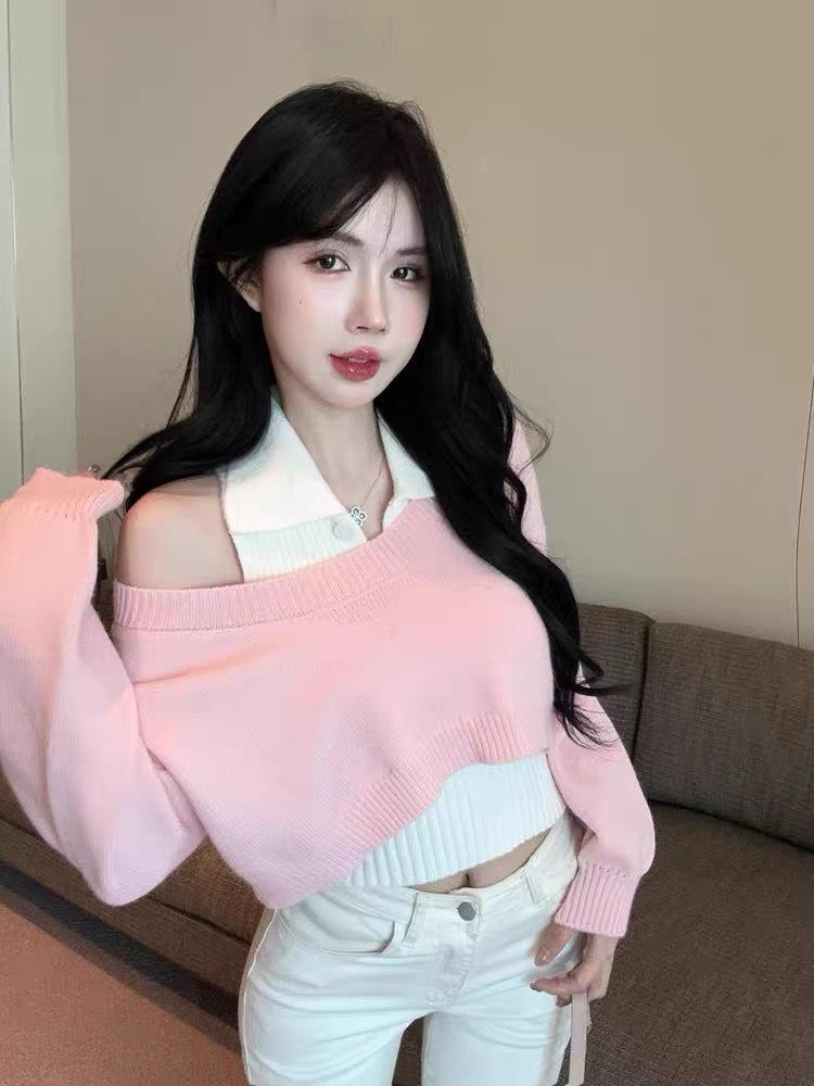 Women's Autumn College-Style Knit Polo Sweater & Short Skirt Set